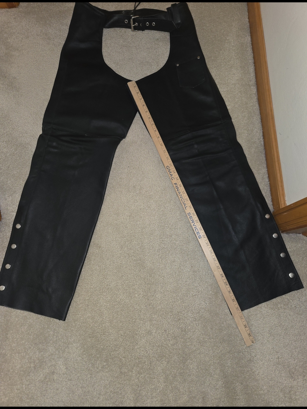 M&M'S Black Leather Motorcycle Chaps with Adjustable Belt